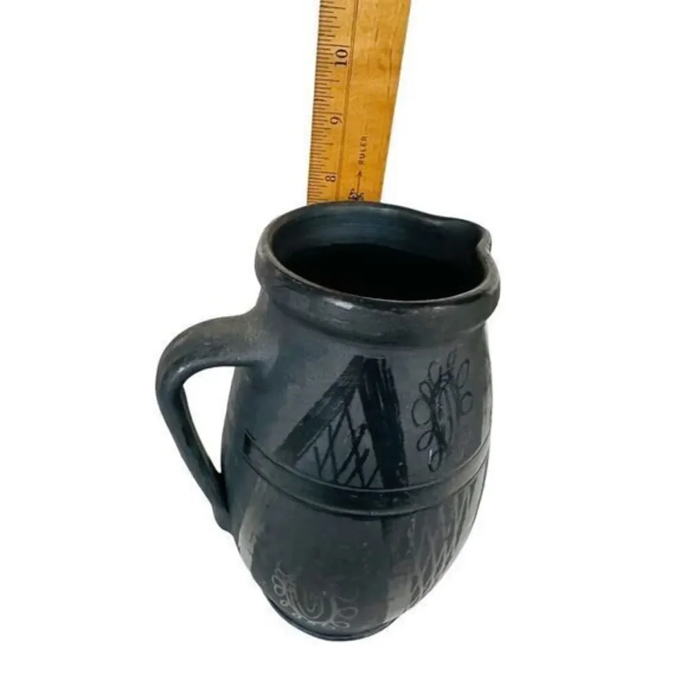 Vintage Pottery‎ Pitcher Charcoal/Black Abstract Design Artist Signed 8